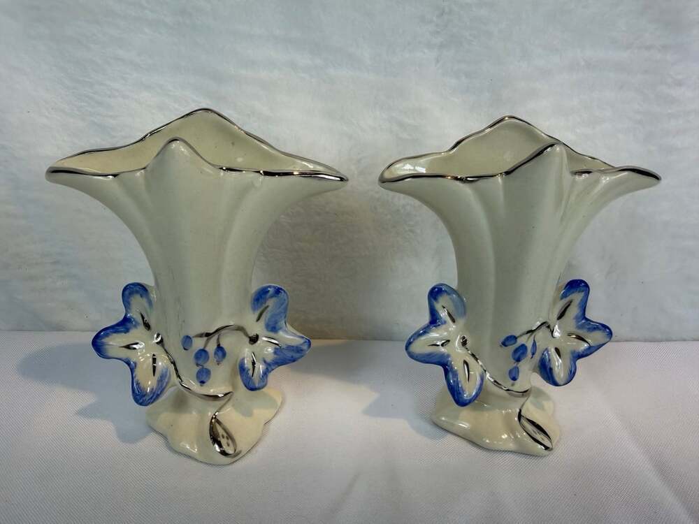 2 Vintage lusterware fan-shaped vases Blue With Silver Trim 5” Height